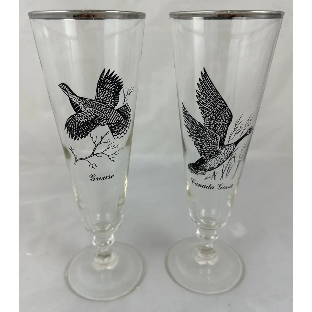 Federal Silver Rim Pilsner Glasses 12 oz Grouse Canada Goose Vtg 60s Sportsman